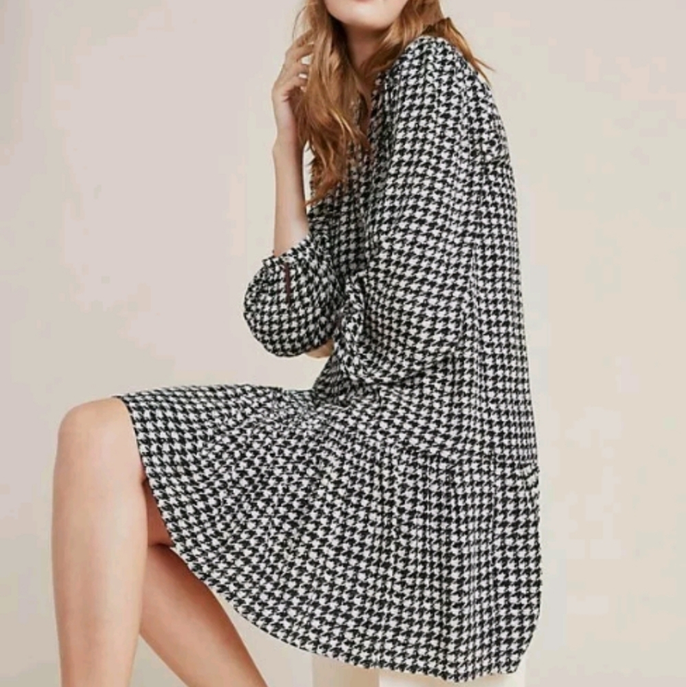 ANTHROPOLOGIE MAEVE STERLING HOUNDSTOOTH BALLOON SLEEVE DROP WAIST DRESS M - Picture 3 of 4